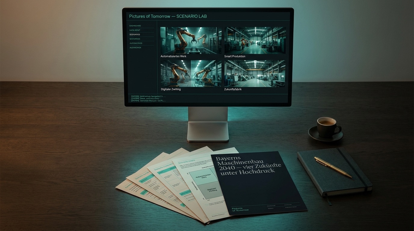 Desk with a screen and a printed scenario analysis document